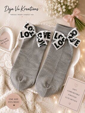 Women's Gray LOVE Bow Ankle Socks Coquette Ribbon Cotton Blend One Size